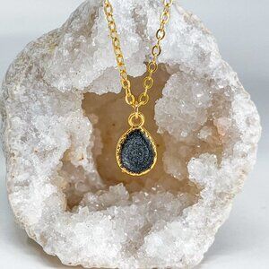 3/$20 14k Gold Black Glitter Resin Teardrop Charm Handmade Pendant Necklace